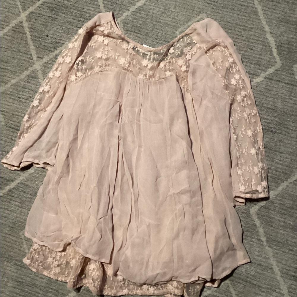 Sweet Magnolia Women's LG Blouse Top. Soft Rose floral sheer panel sleeves - Picture 3 of 4